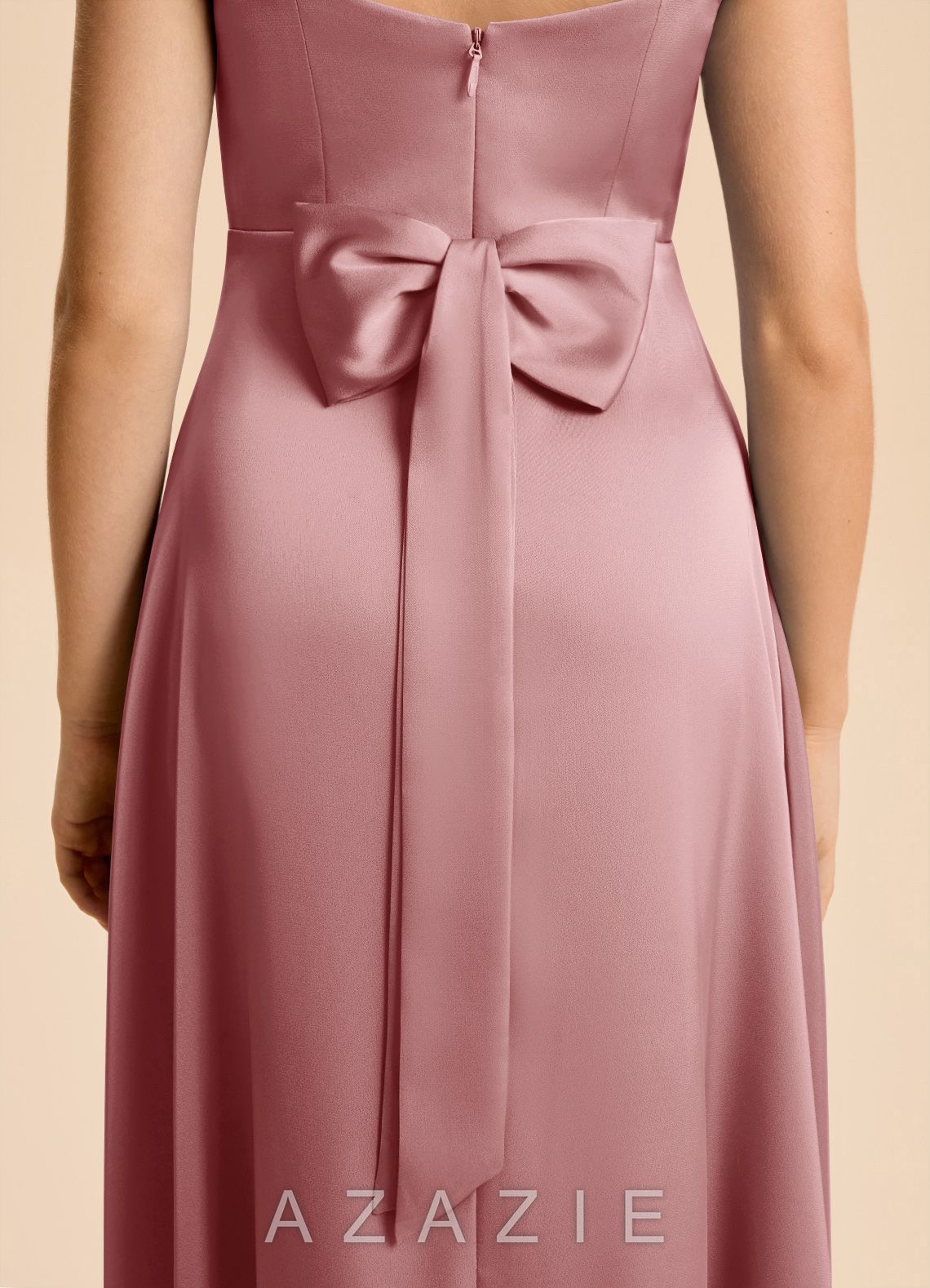 Azazie Kiki Junior Dusty Rose A-Line Bow Stretch Satin Dress dusty_rose