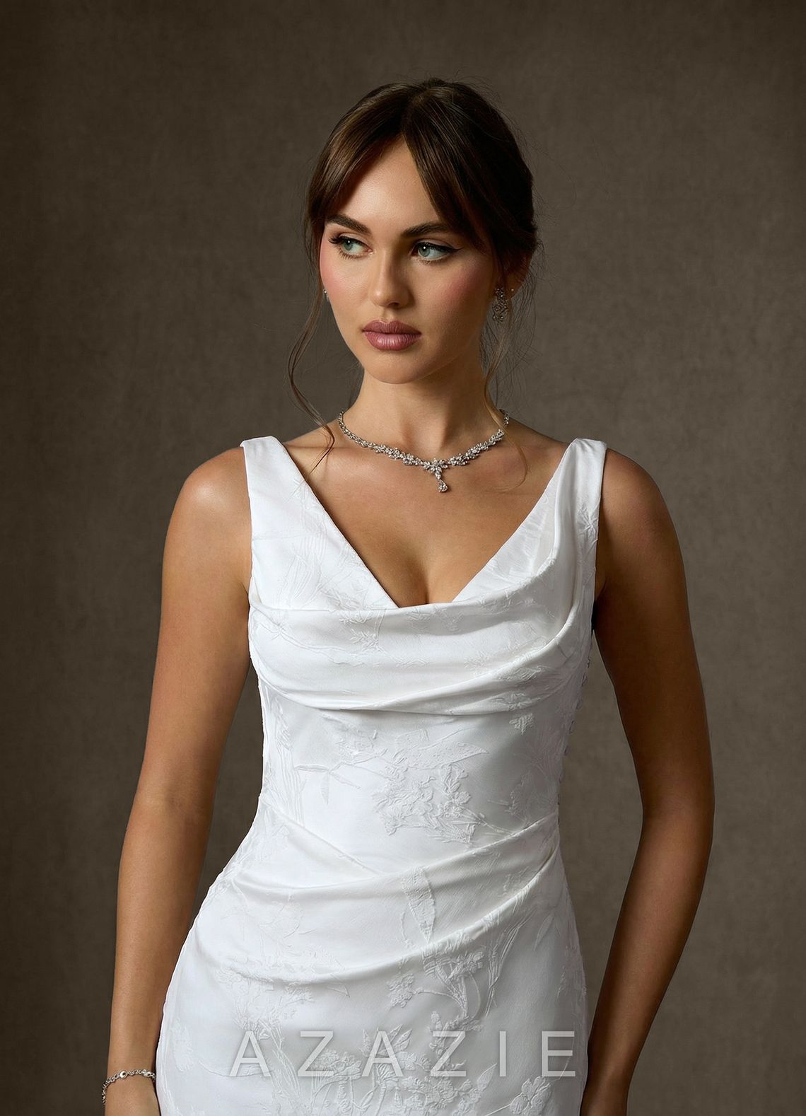 Azazie Hibiscus Diamond White Sheath Floral Jacquard Dress