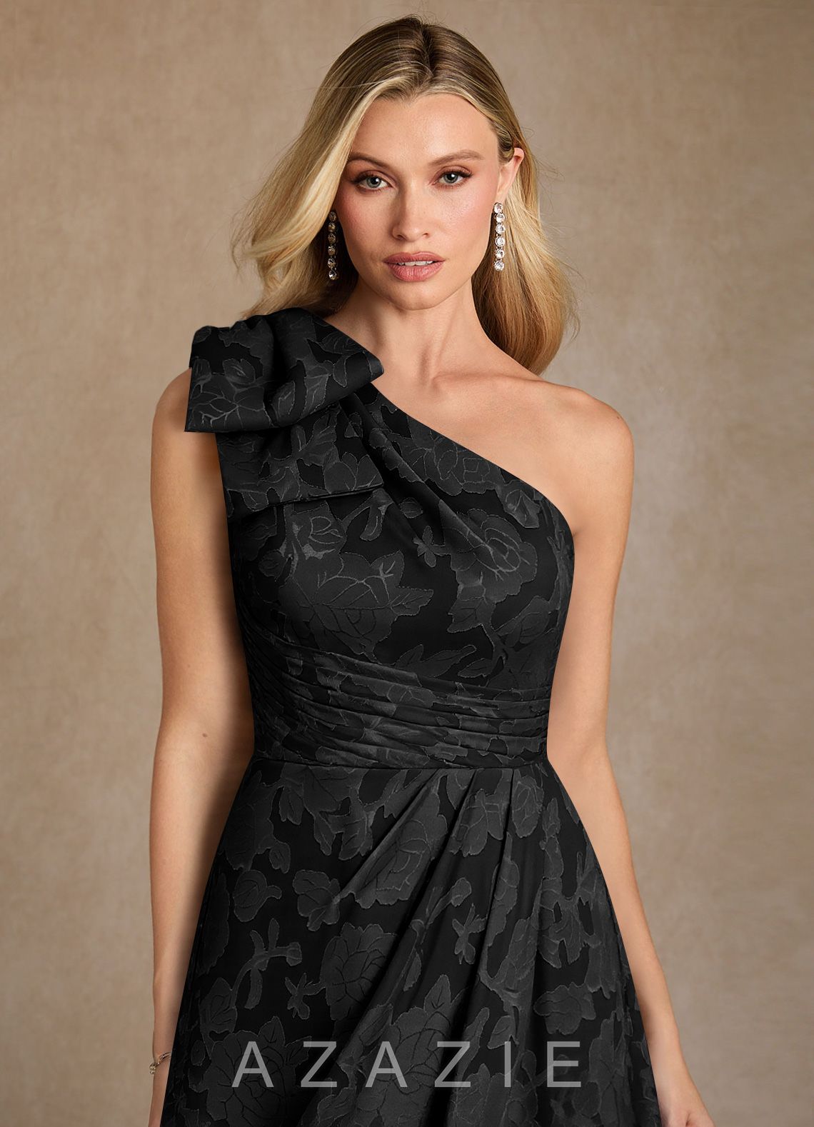 Azazie Easton Black Ball-Gown One Shoulder Floral Burnout Dress black
