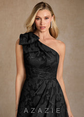 Azazie Easton Black Ball-Gown One Shoulder Floral Burnout Dress black