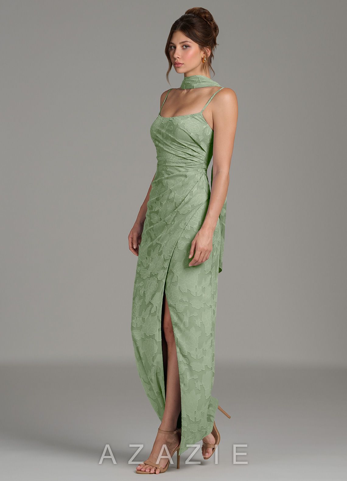 Azazie Calandra Dusty Sage Sheath Pleated Floral Burnout Dress dusty_sage