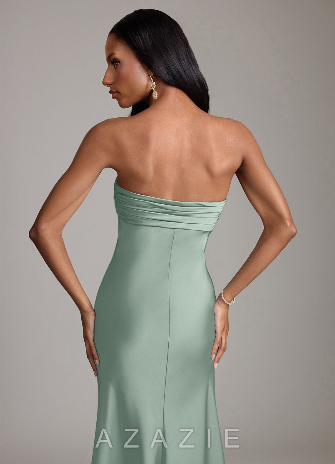 Azazie Saylor Agave Mermaid Strapless Stretch Satin Dress agave
