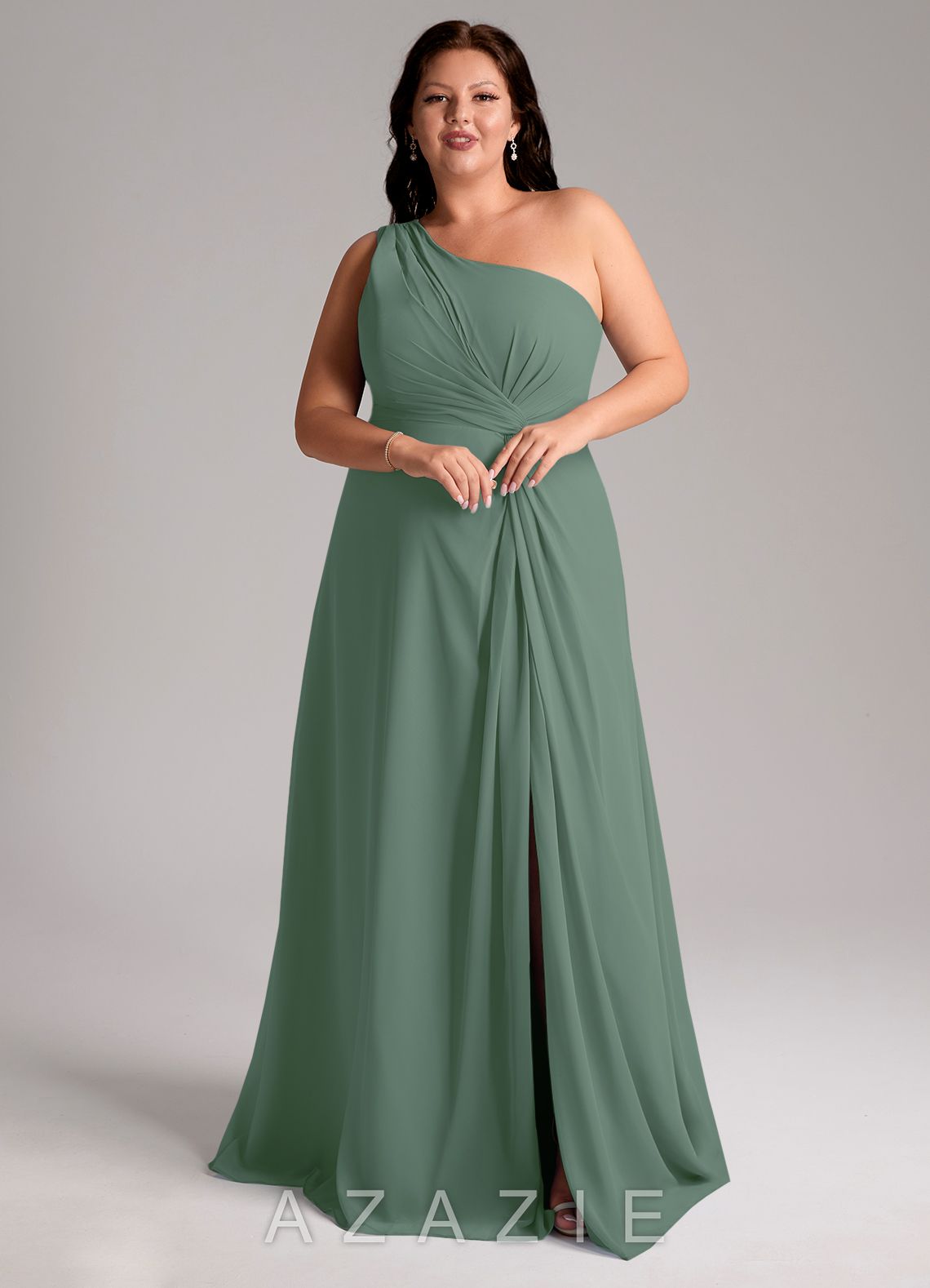 Azazie Brooke Eucalyptus A-Line One Shoulder Chiffon Dress eucalyptus