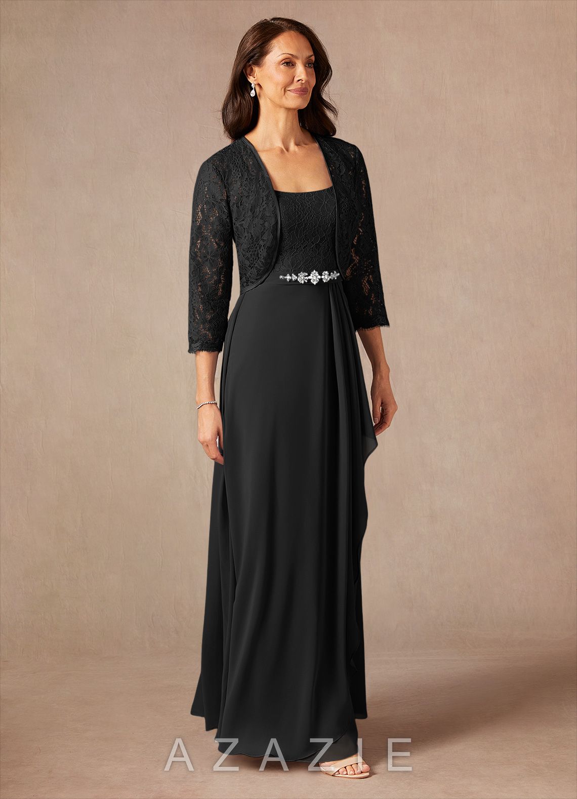 Azazie Ainsling Black A-Line Square Neckline Lace Chiffon Dress black
