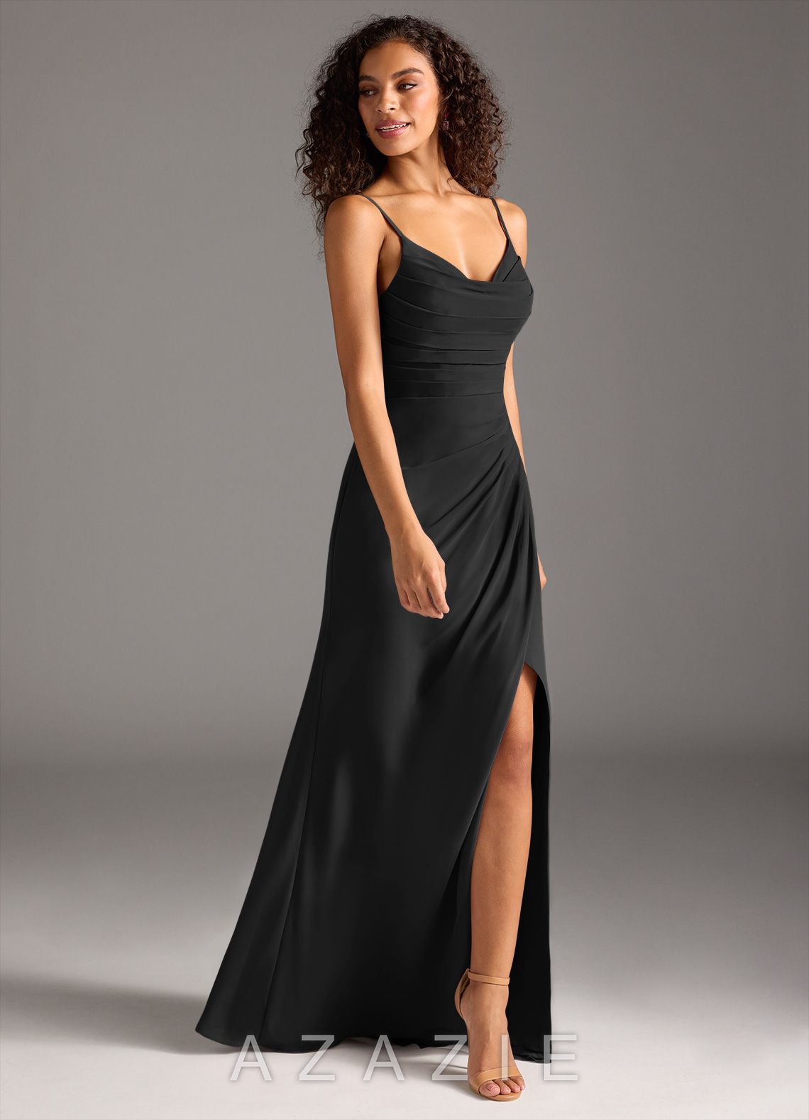 Azazie Deandra Black Mermaid Pleated Chiffon Dress black