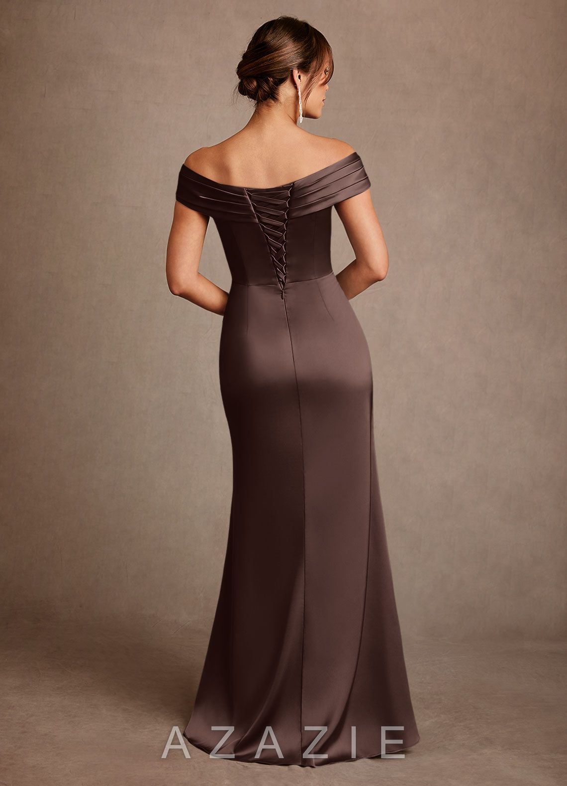 Azazie Bedford Ganache Sheath Pleated Stretch Satin Dress ganache
