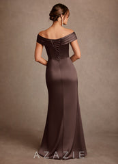 Azazie Bedford Ganache Sheath Pleated Stretch Satin Dress ganache