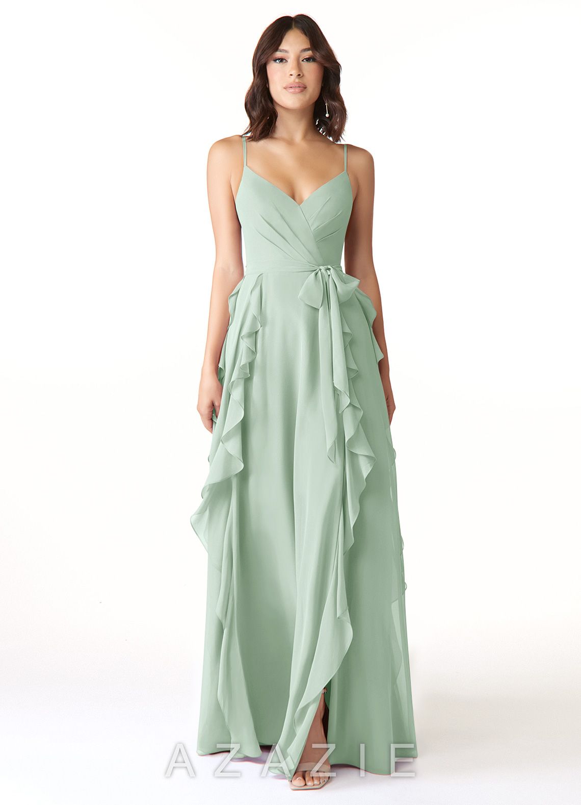 Azazie Peyton Agave A-Line Ruched Chiffon Dress agave