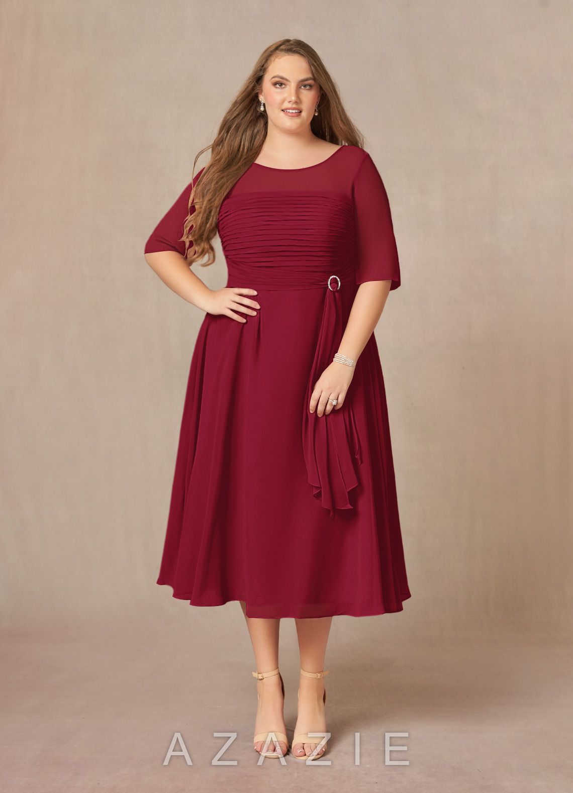 Azazie Naomi Burgundy A-Line Boatneck Pleated Chiffon Dress burgundy