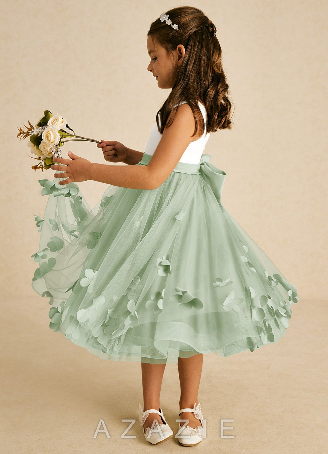 Azazie Sprout Dusty Sage A-Line Bow Tulle Dress dusty_sage