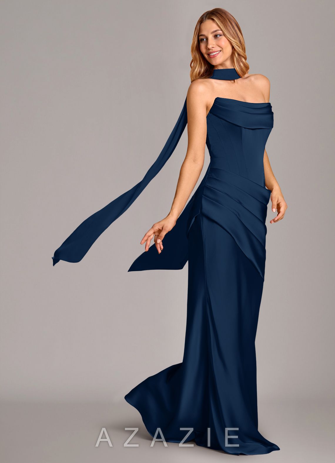 Azazie Pelagia Dark Navy Mermaid Corset Stretch Satin Convertible Dress