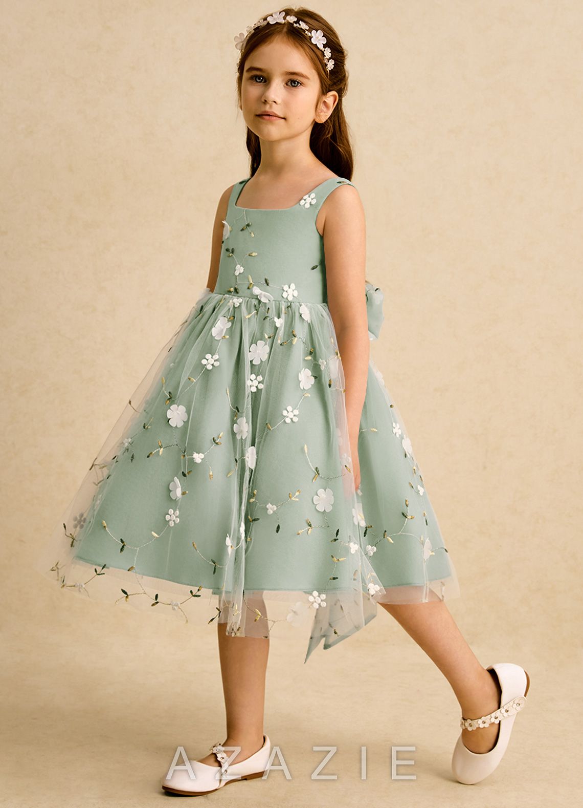 Azazie Bean Dusty Sage Ball-Gown Sleeveless Tulle Dress