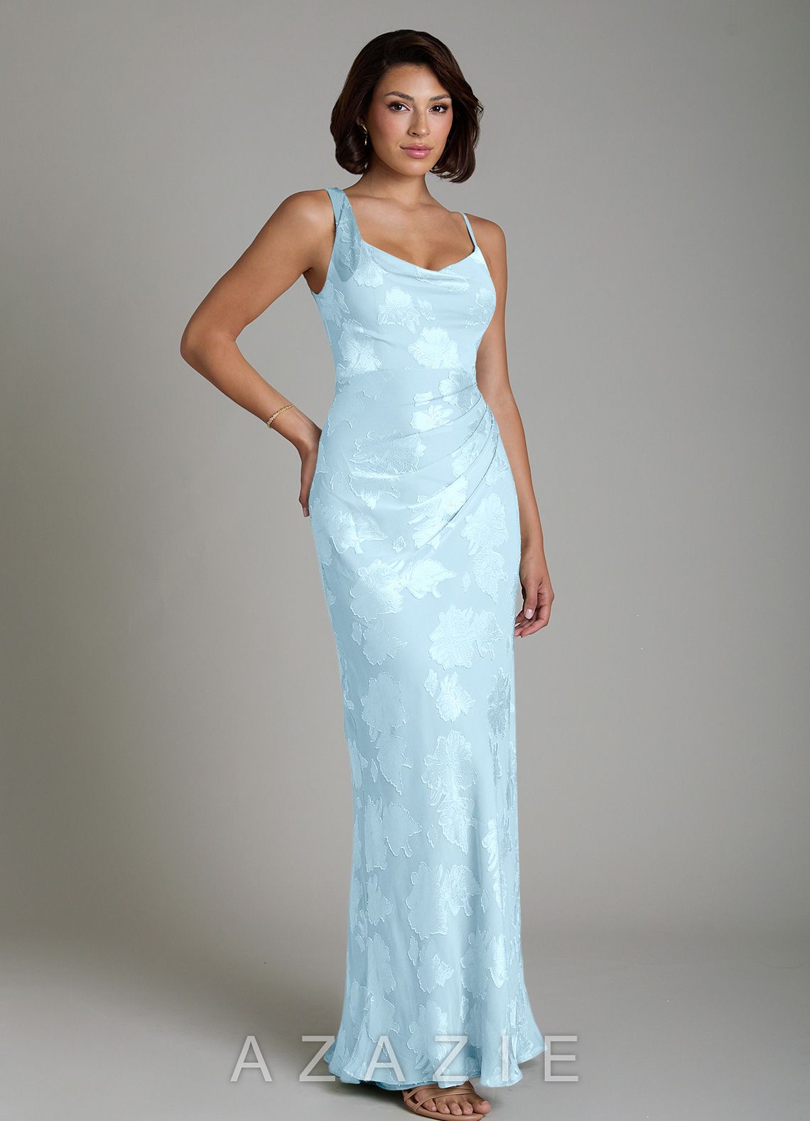 Azazie Xara Sky Blue Sheath Pleated Floral Jacquard Burnout Dress sky_blue