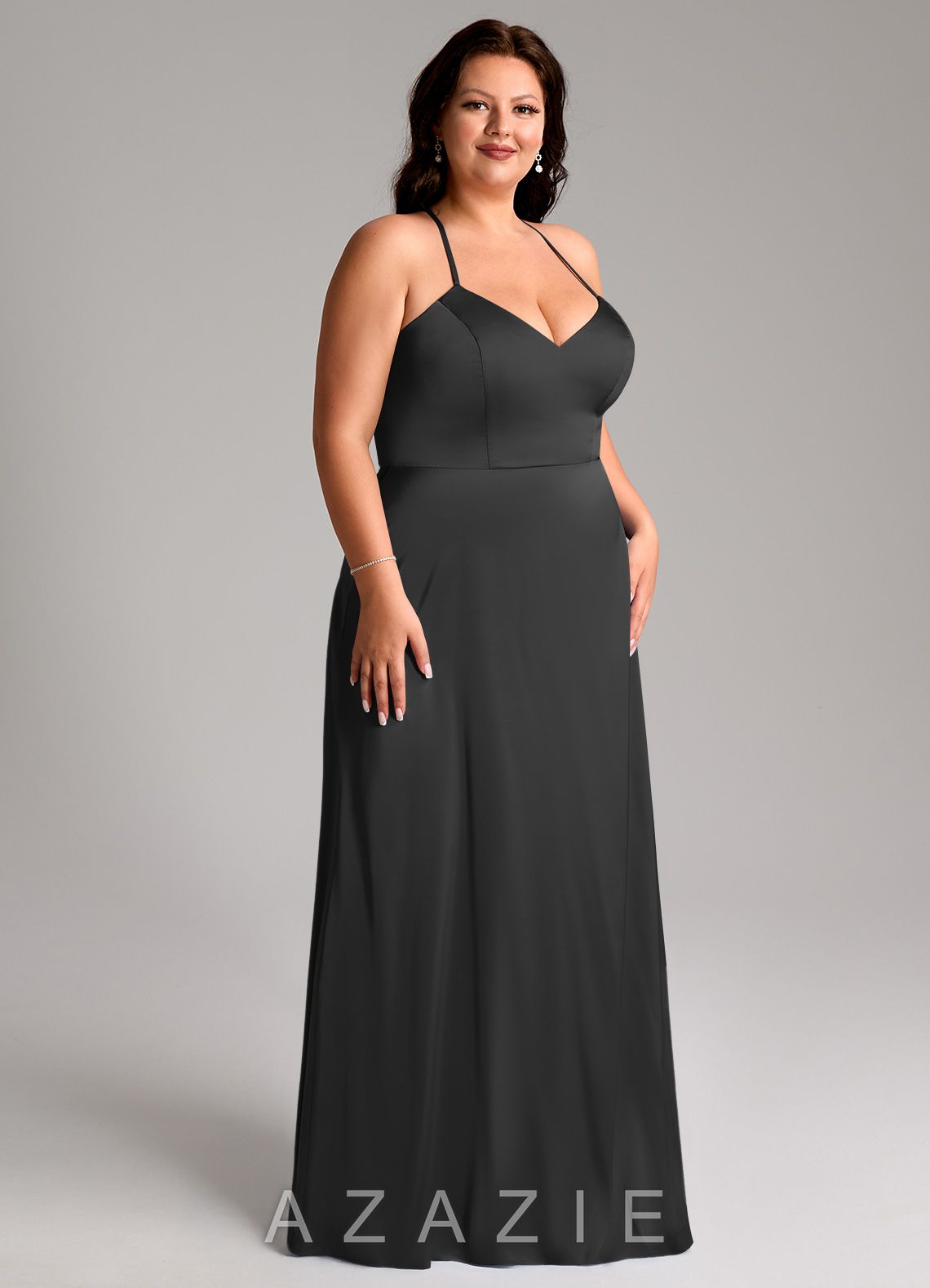 Azazie Mei Black A-Line V-Neck Stretch Satin Dress black