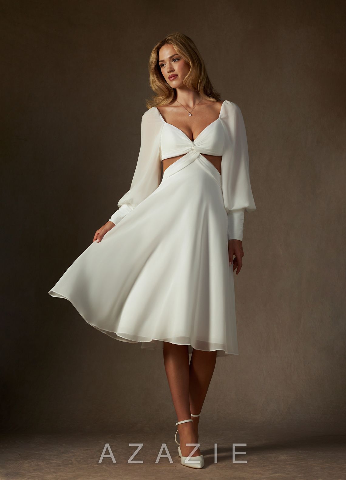 Azazie Delfina Wedding Dress Diamond White A-Line V-Neck Pleated Chiffon Dress