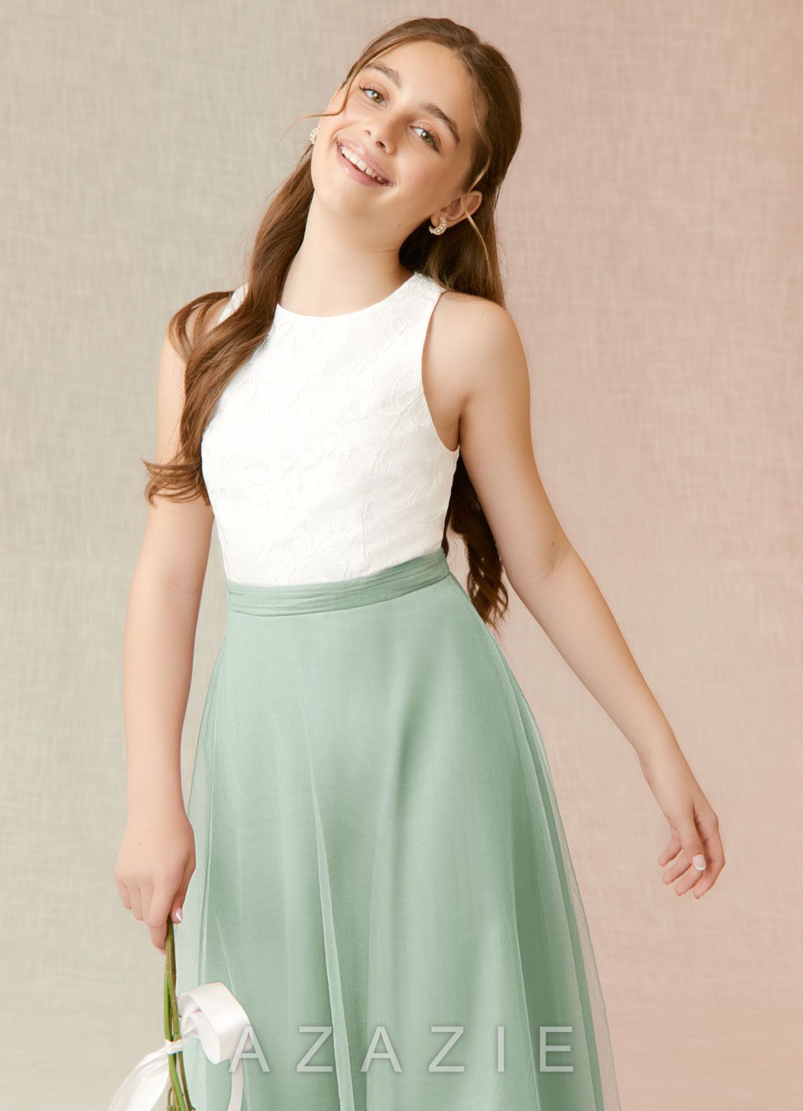 Azazie Albertine Junior Agave A-Line Lace Chiffon Dress agave