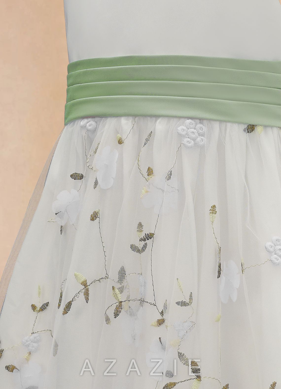 Azazie Pollie Ivory Dusty Sage A-Line Bow Tulle Dress ivory/dusty_sage