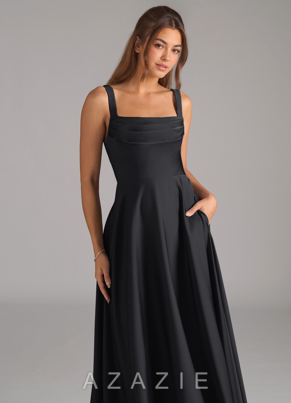 Azazie Shaude Black A-Line Pleated Stretch Satin Dress black