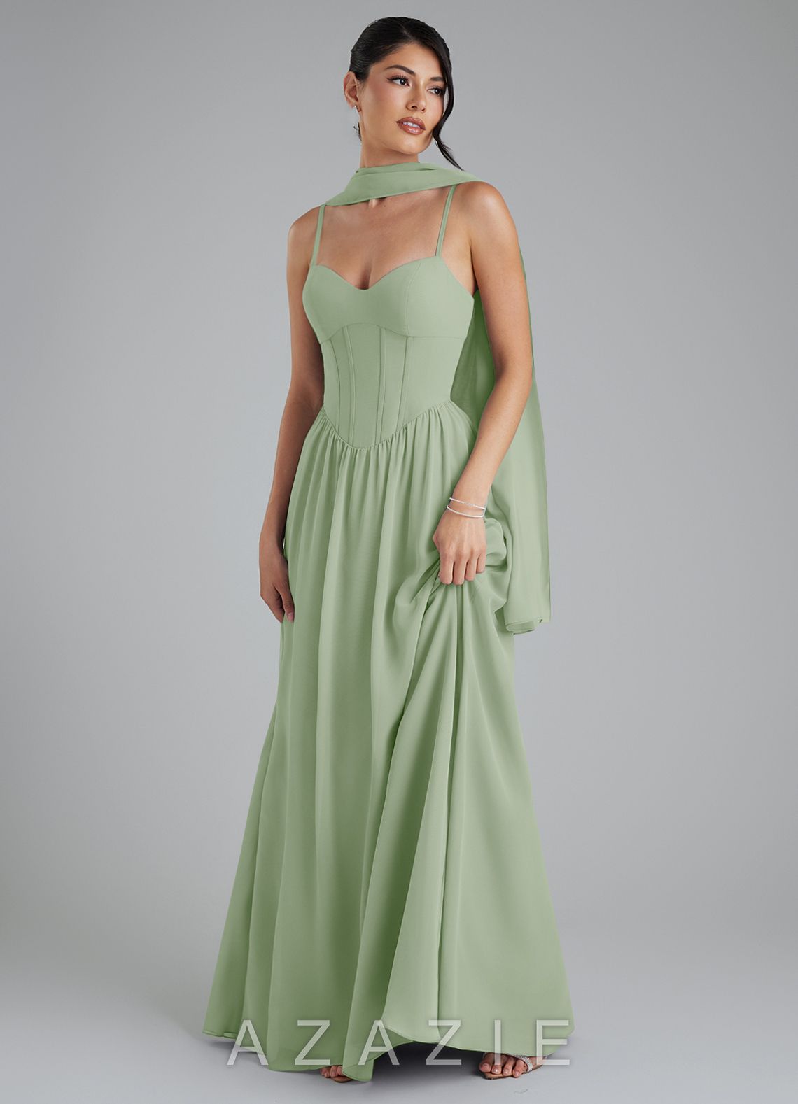 Azazie Alisha Dusty Sage A-Line Corset Chiffon Dress dusty_sage