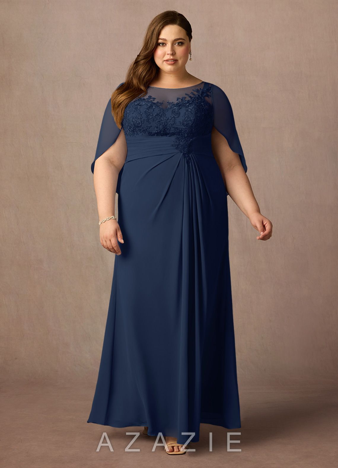Azazie Hera Dark Navy A-Line Lace Capelet Chiffon Dress dark_navy