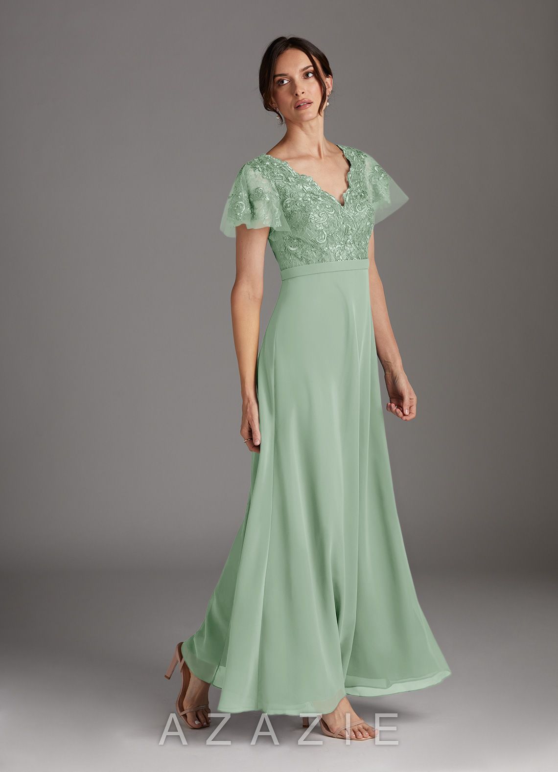Azazie Singer Agave A-Line V-Neck Lace Chiffon Dress agave