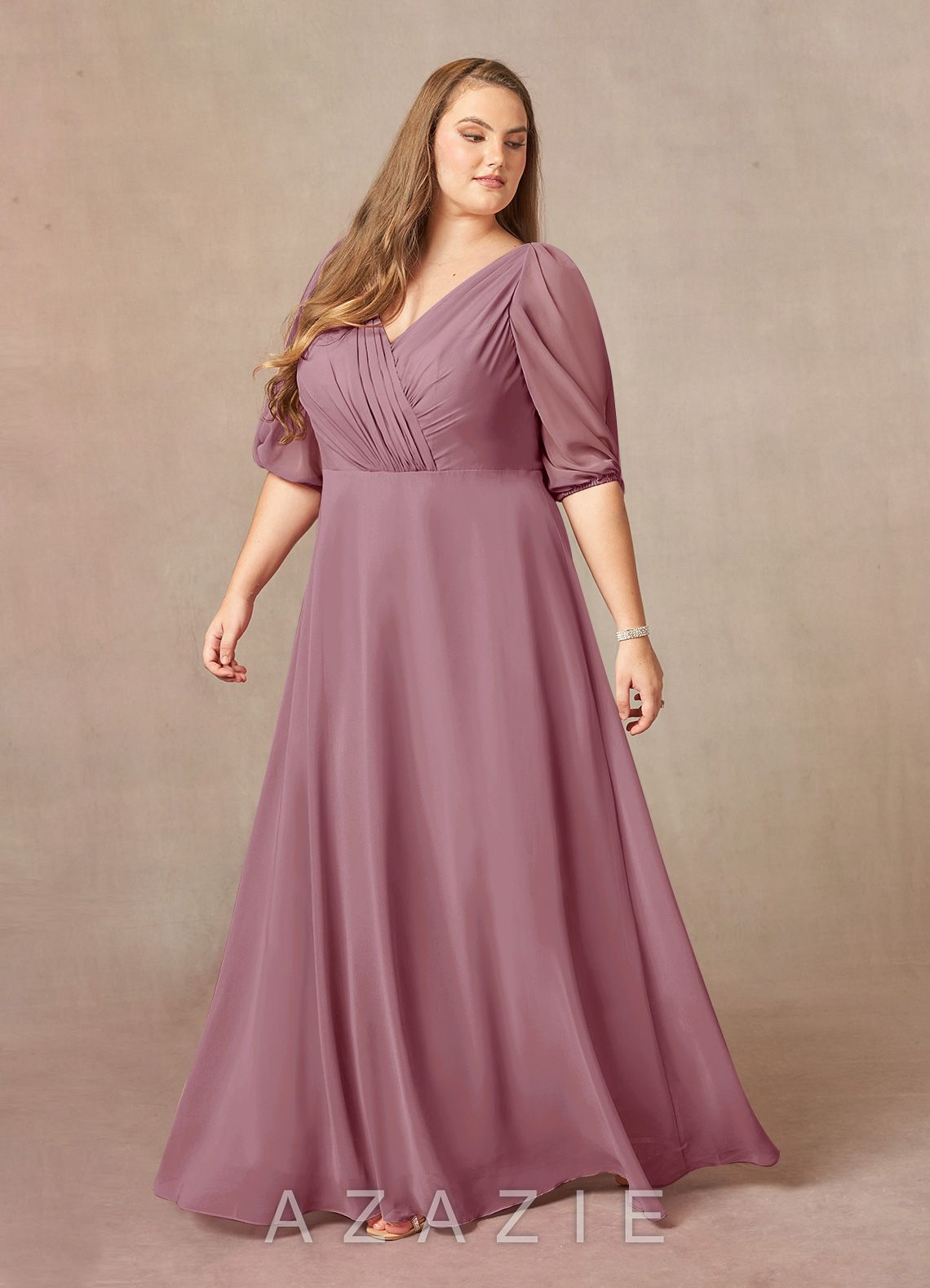 Azazie Bronwyn Vintage Mauve A-Line V-Neck Ruched Chiffon Dress vintage_mauve