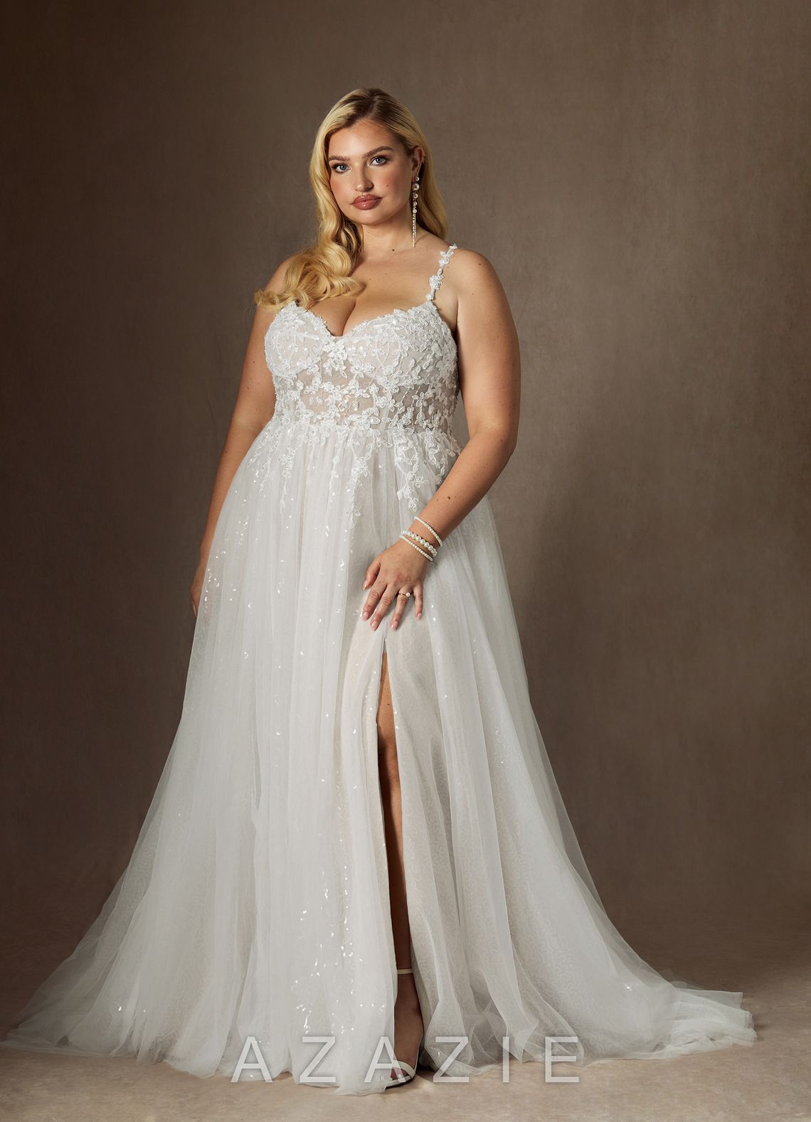 Azazie Florian Wedding Dress Diamond White A-Line V-Neck Sequins Tulle Dress diamond_white