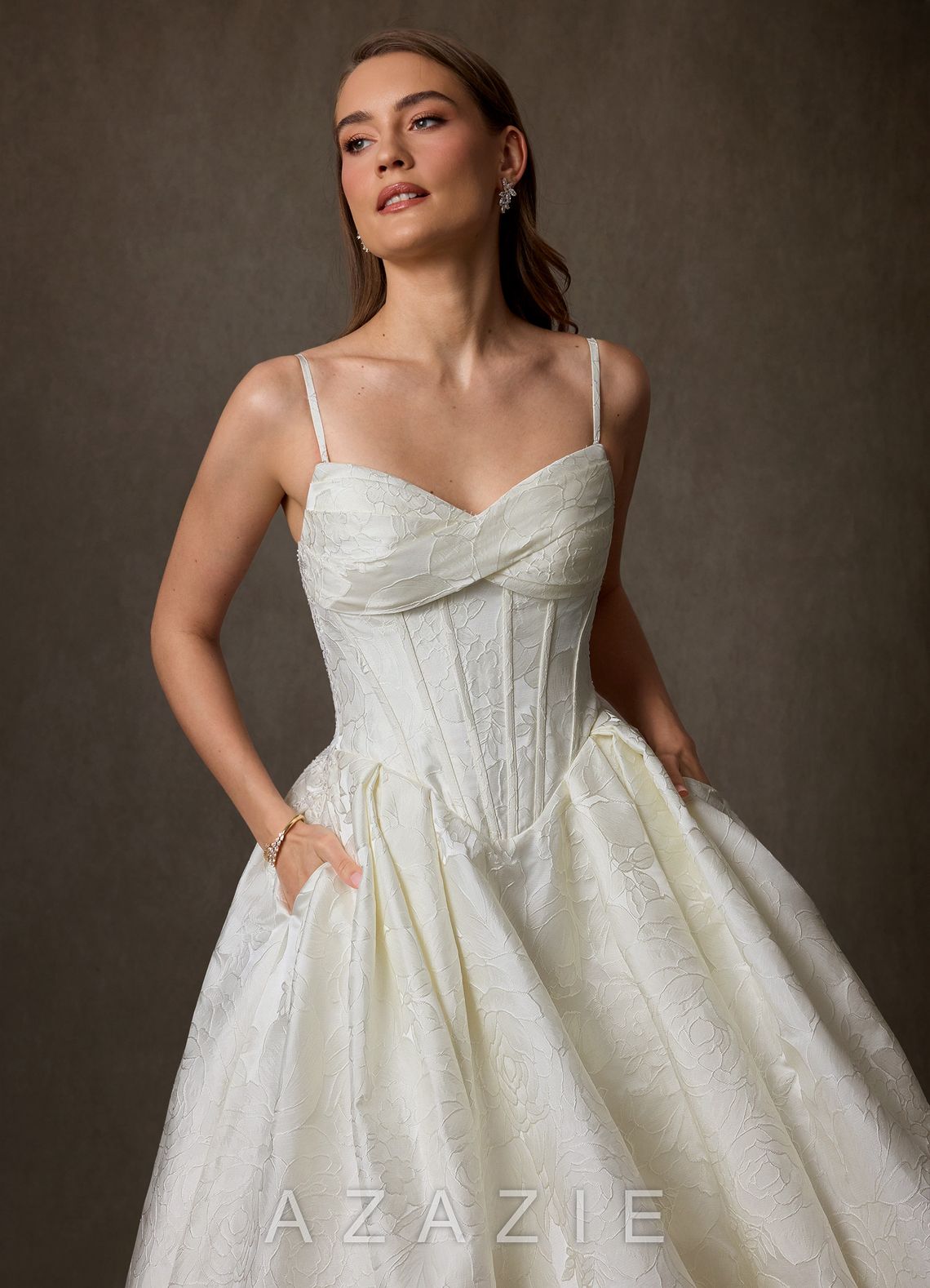 Azazie Genevieve Antique White Ball-Gown Strapless Floral Jacquard Dress