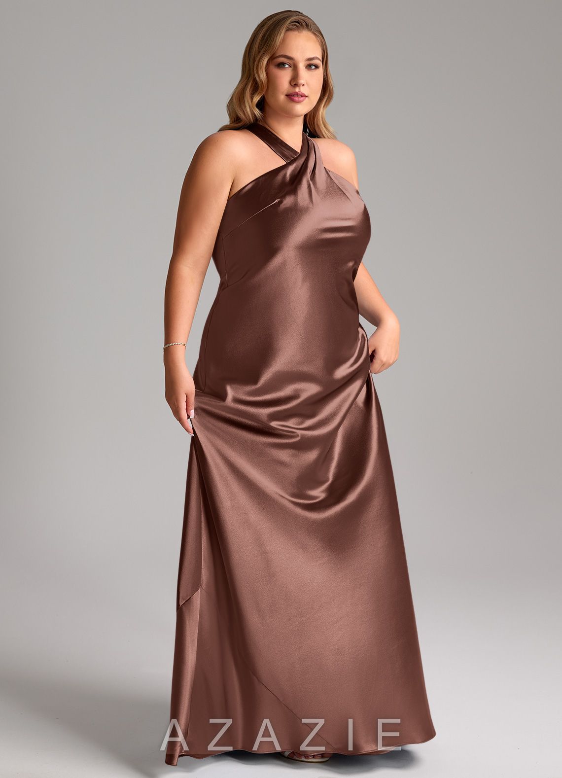 Azazie Doretta Espresso Mermaid Bow Metallic Satin Dress espresso