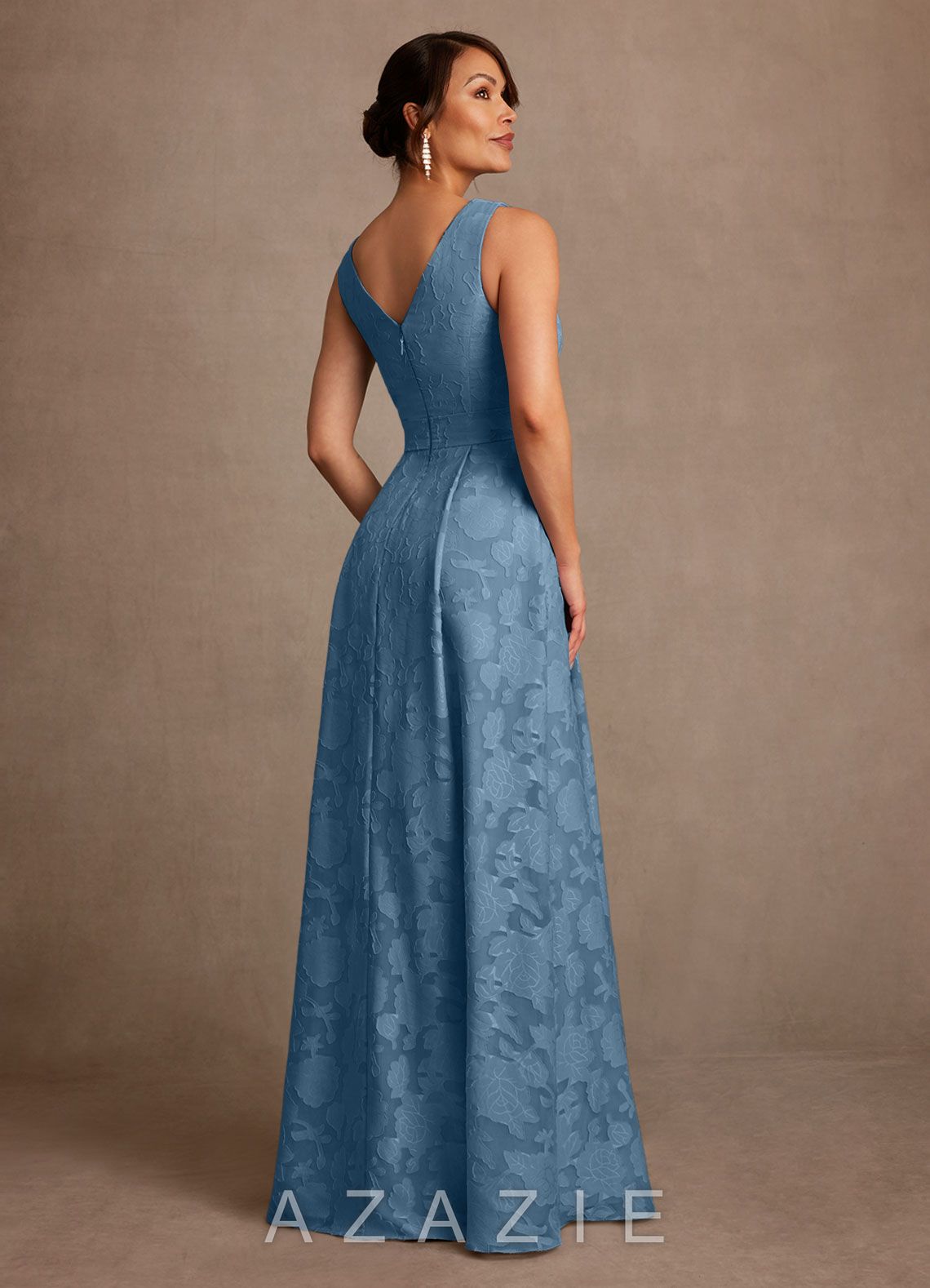 Azazie Luanne Steel Blue A-Line Pleated Floral Burnout Dress steel_blue