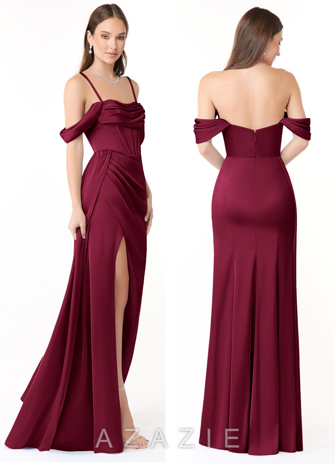 Azazie Amyra Burgundy Mermaid Off the Shoulder Stretch Satin Convertible Dress burgundy