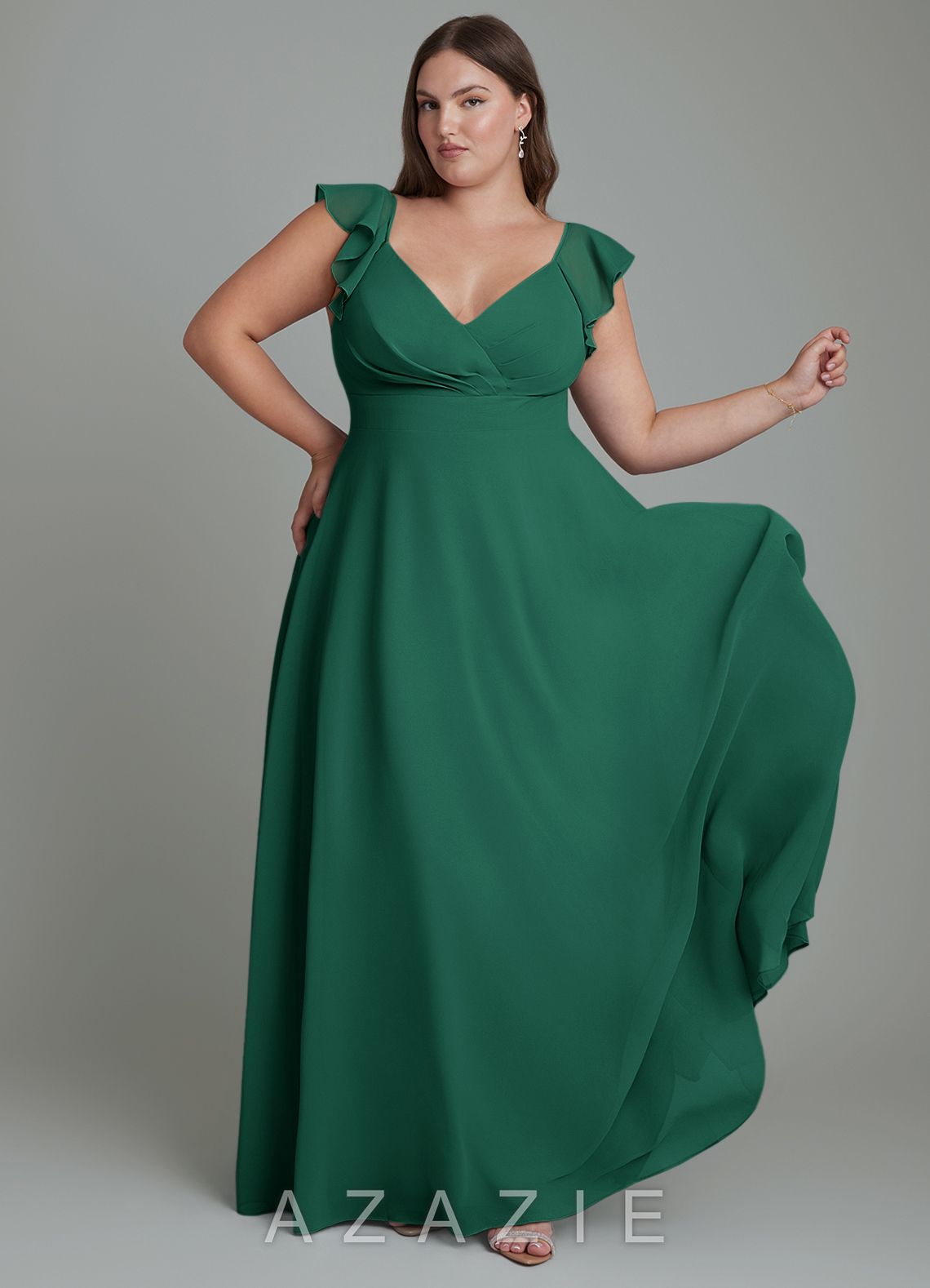 Azazie Leilani Emerald A-Line Pleated Chiffon Dress emerald