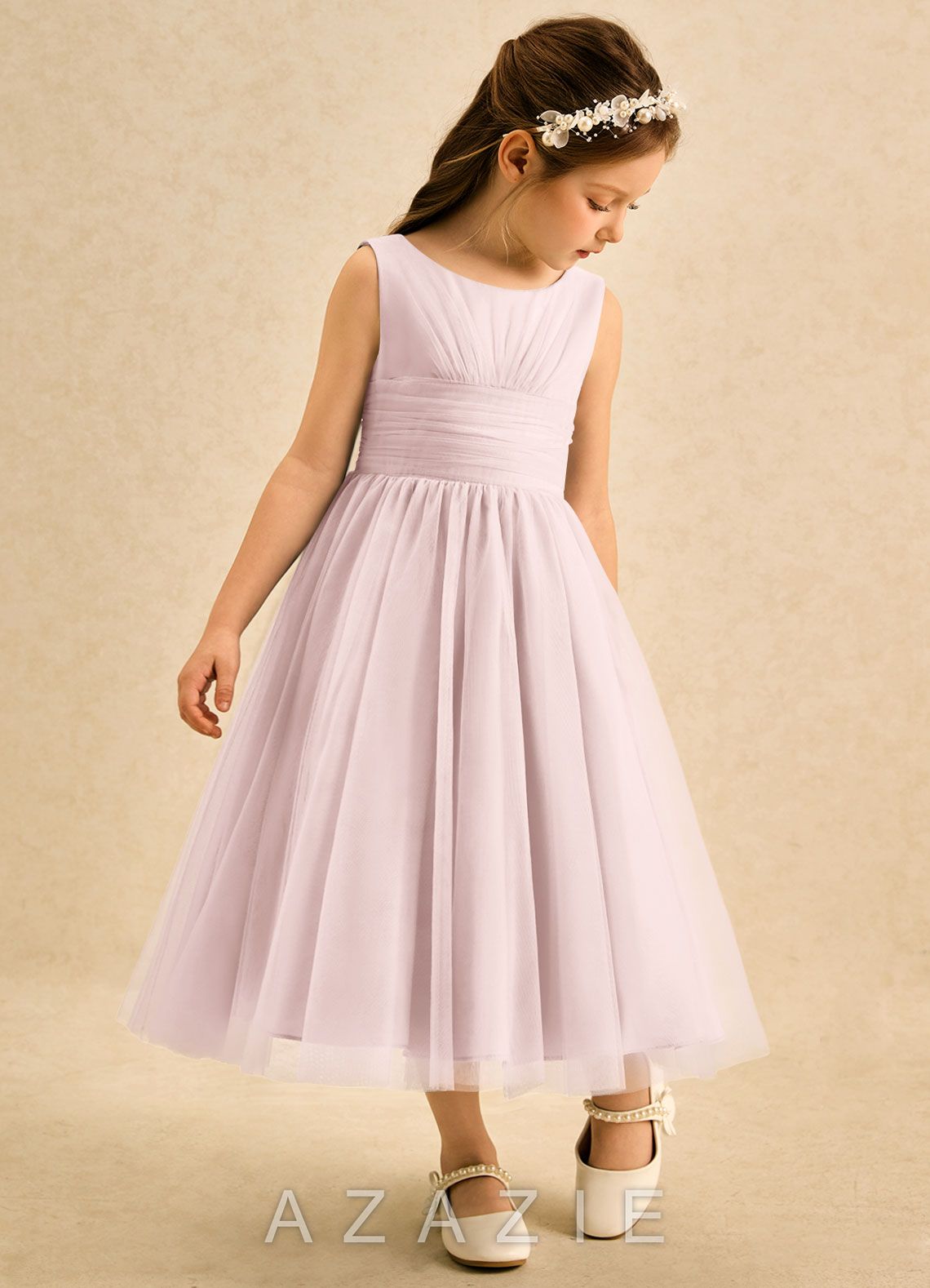 Azazie Macaron Blushing Pink A-Line Pleated Tulle Dress
