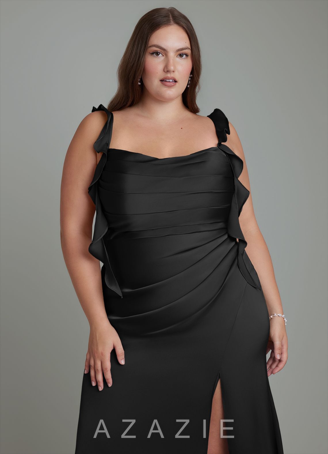 Azazie Jessamine Black Sheath Corset Stretch Satin Dress black