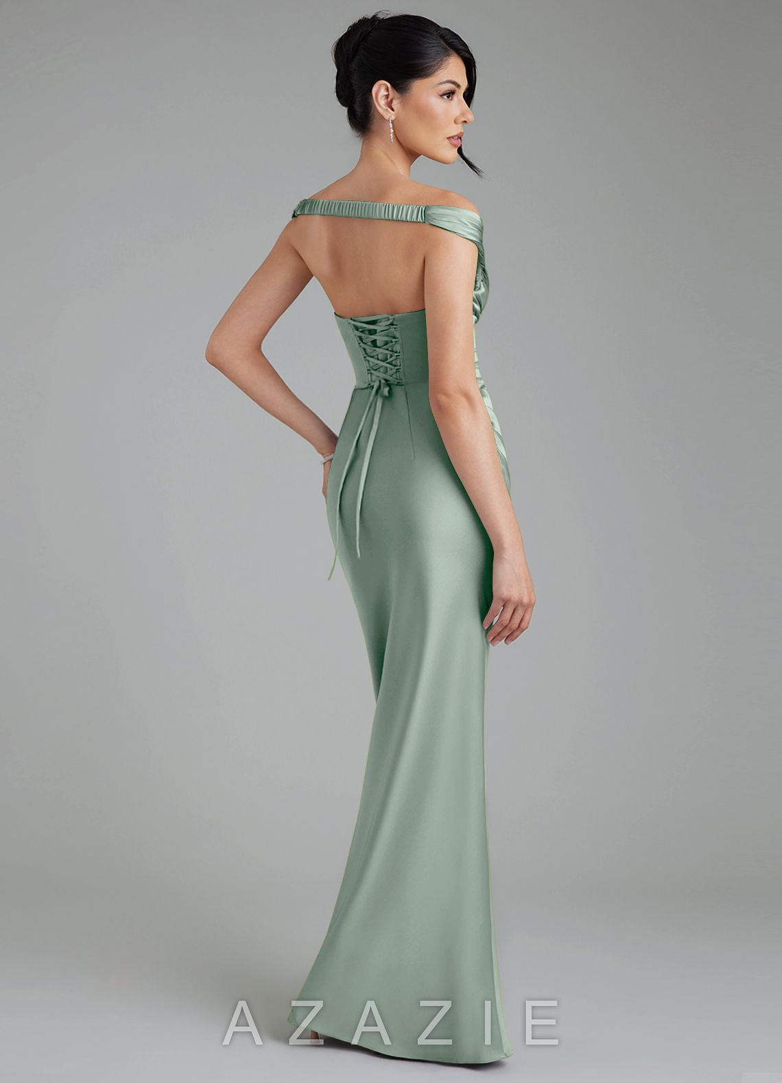 Azazie Stella Agave Sheath Corset Stretch Satin Convertible Dress agave