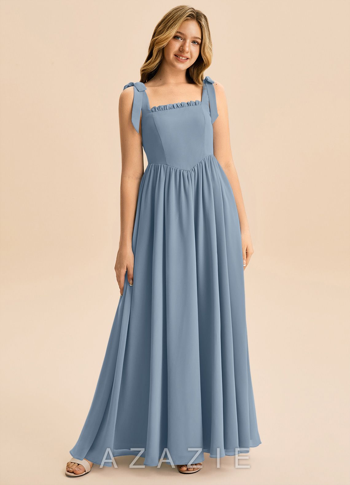 Azazie Delia Junior Dusty Blue A-Line Bow Chiffon Dress