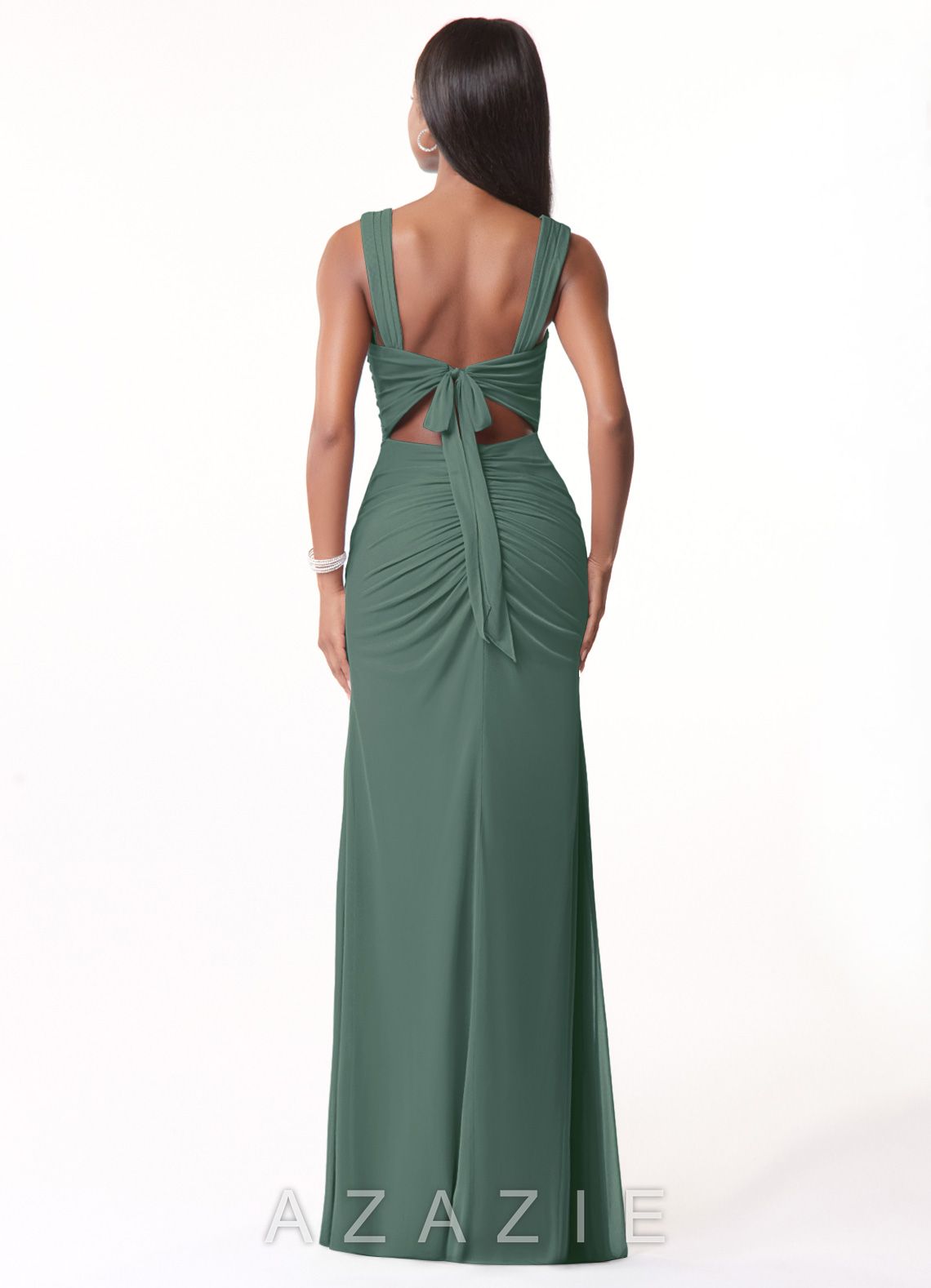 Azazie Jesaphine Eucalyptus Sheath Ruched Mesh Dress eucalyptus