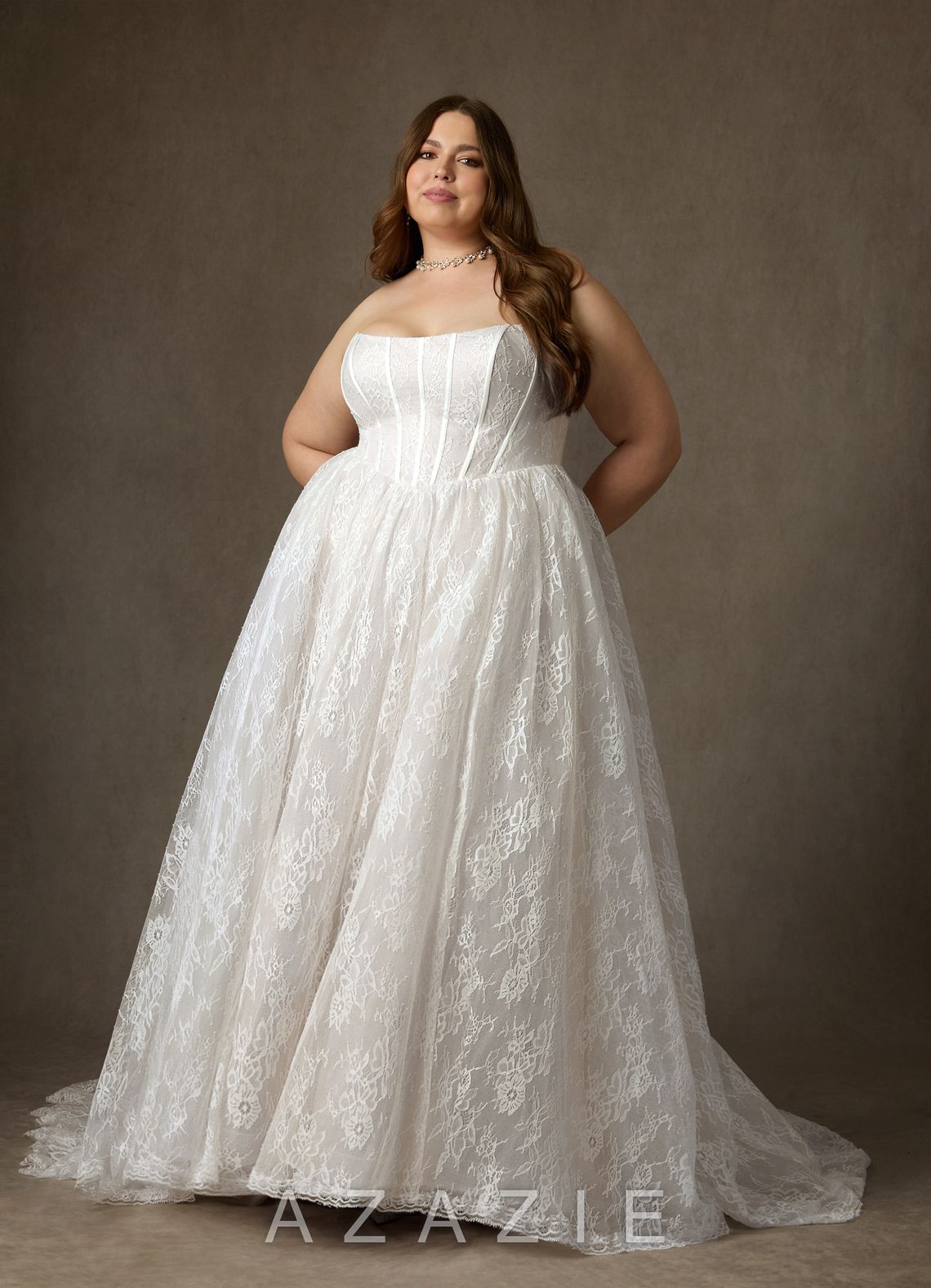 Azazie Demetria Diamond White Ball-Gown Strapless Lace Dress