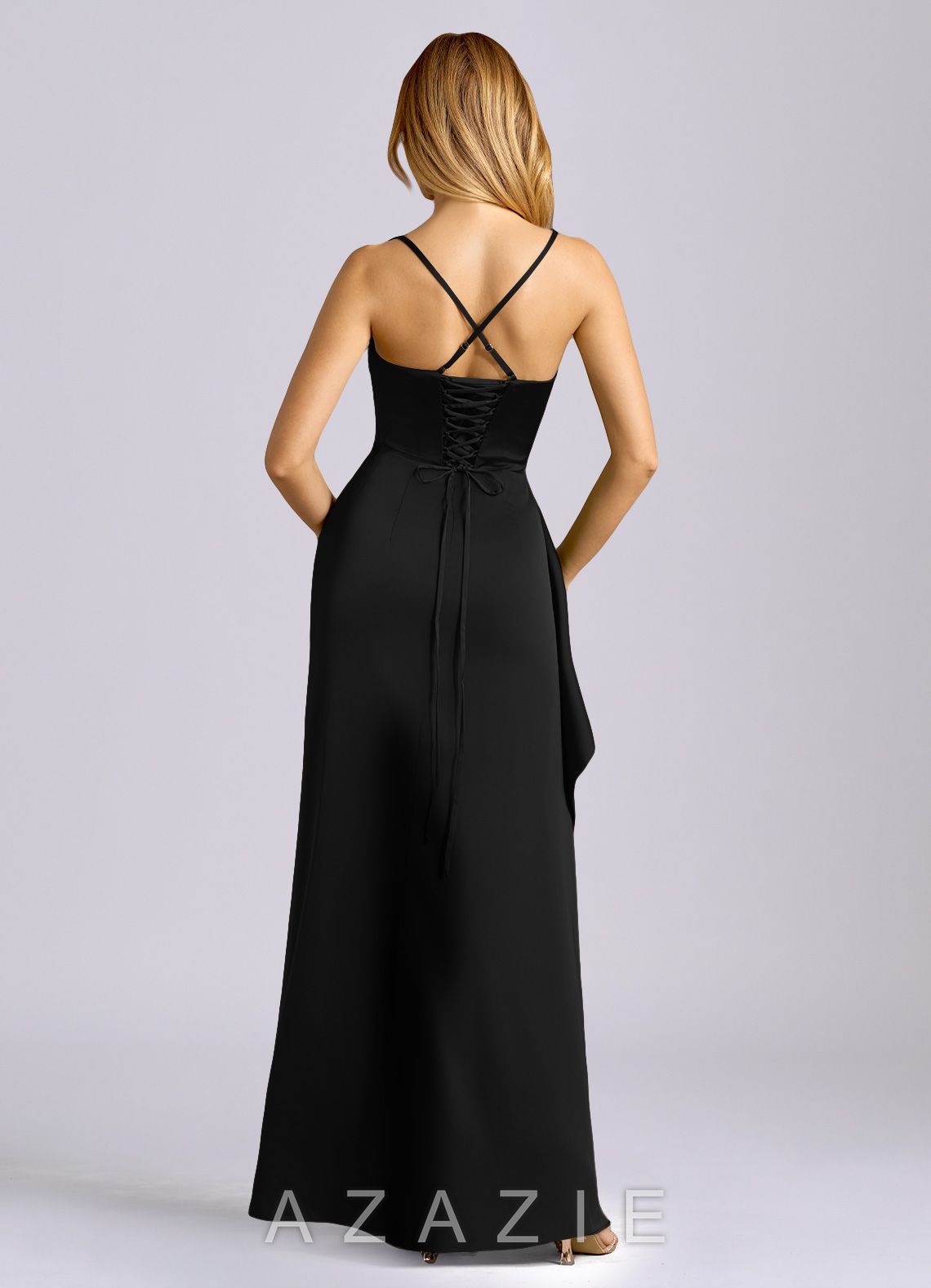 Azazie Sarai Black Sheath Corset Stretch Satin Dress black