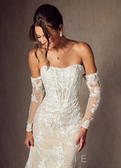 Azazie Caitlin Diamond White Champagne Mermaid Strapless Lace Dress diamond_white/champagne