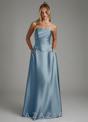 Azazie Amina Dusty Blue A-Line Corset Stretch Satin Dress