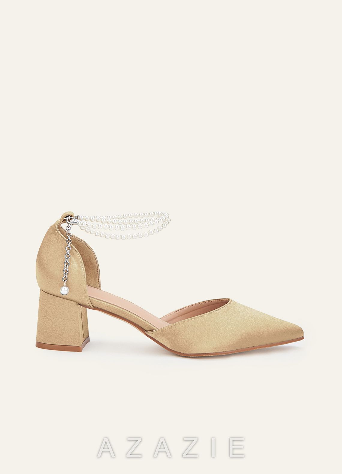 Matching Color Metallic Satin Pearl Strap Pointed Toe Block Heels & Shell-Shape Pleated Clutch Bag  champagne
