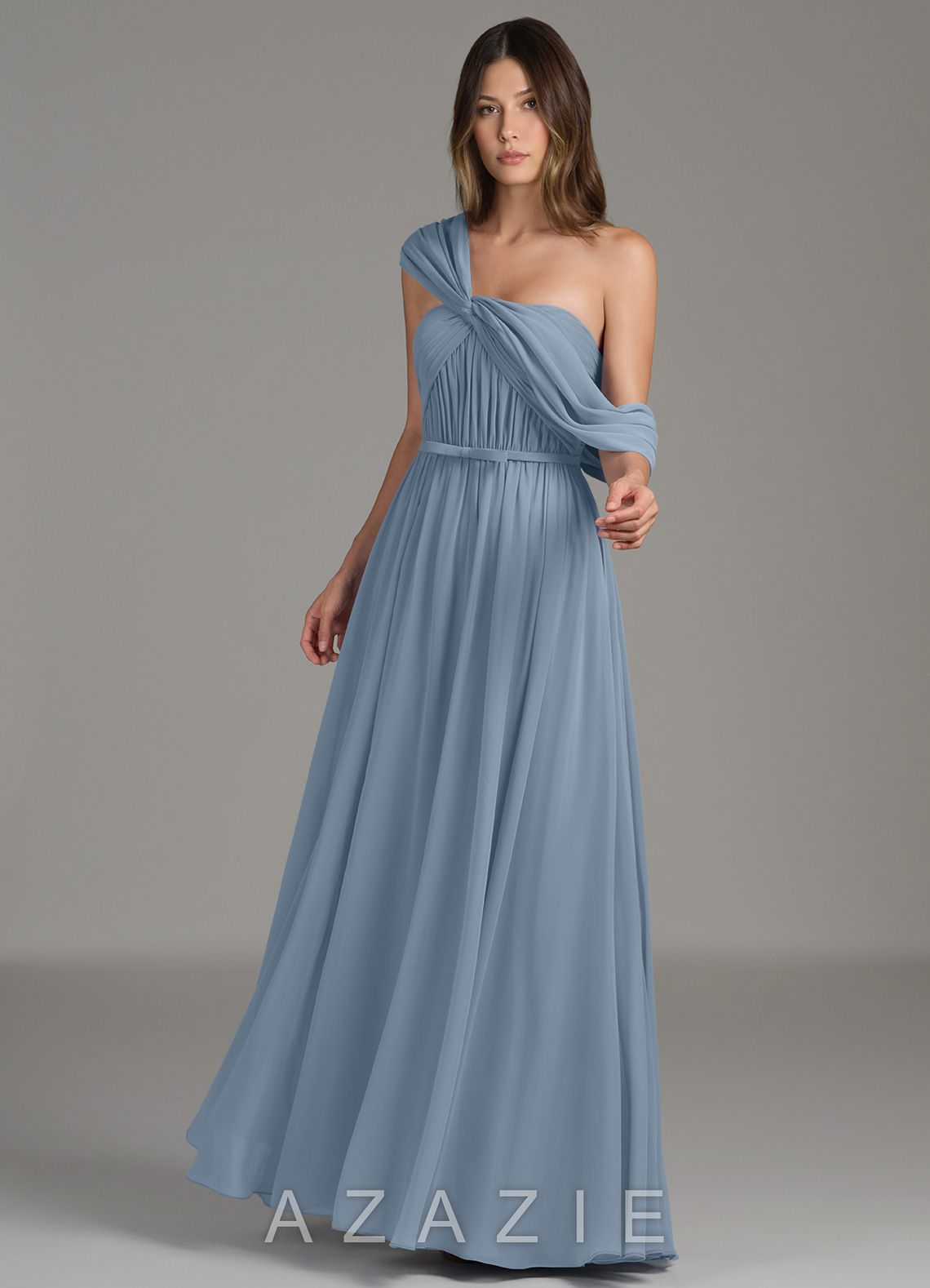 Azazie Nyah Dusty Blue A-Line Off the Shoulder Chiffon Dress dusty_blue