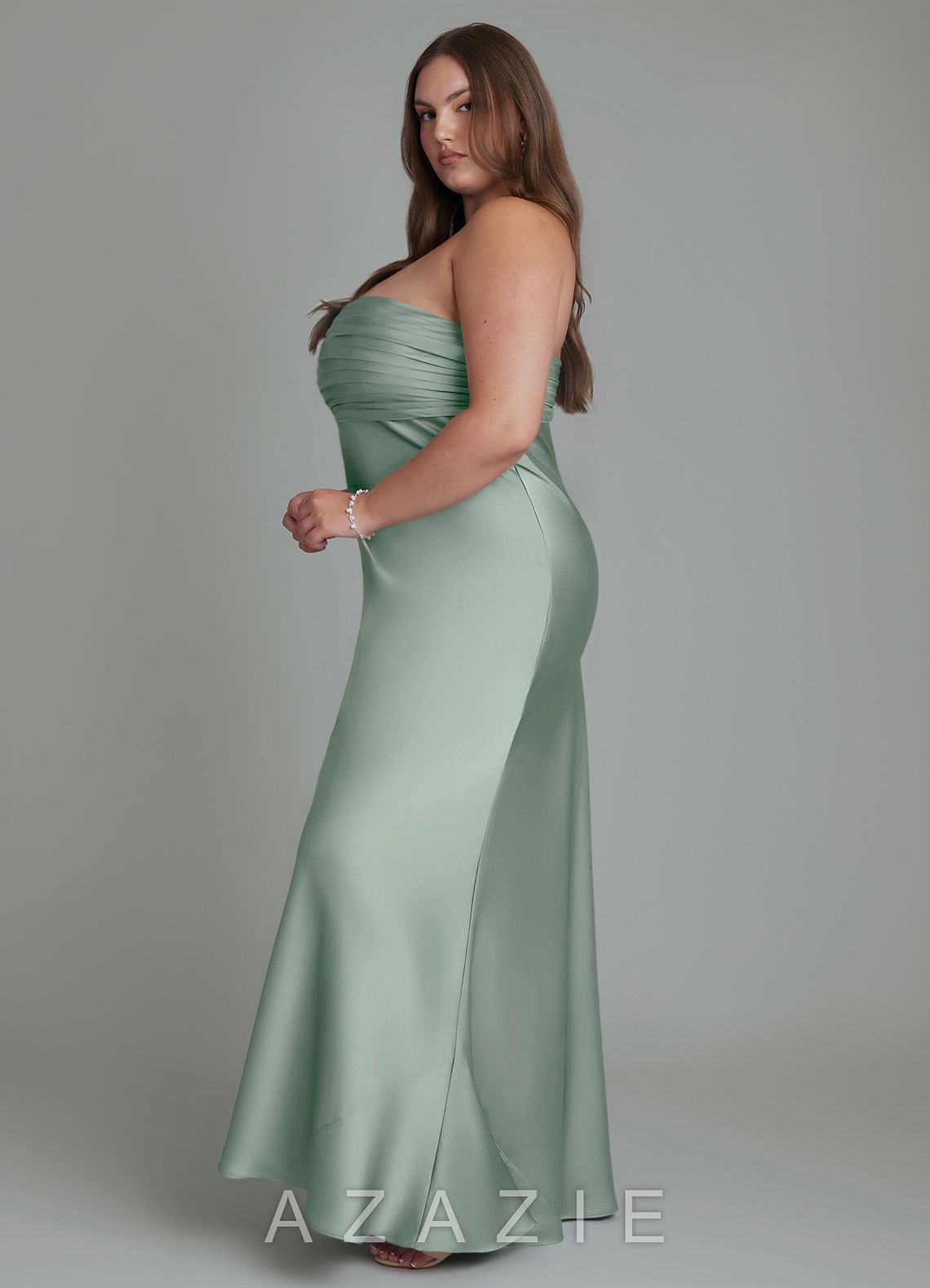 Azazie Saylor Agave Mermaid Strapless Stretch Satin Dress agave