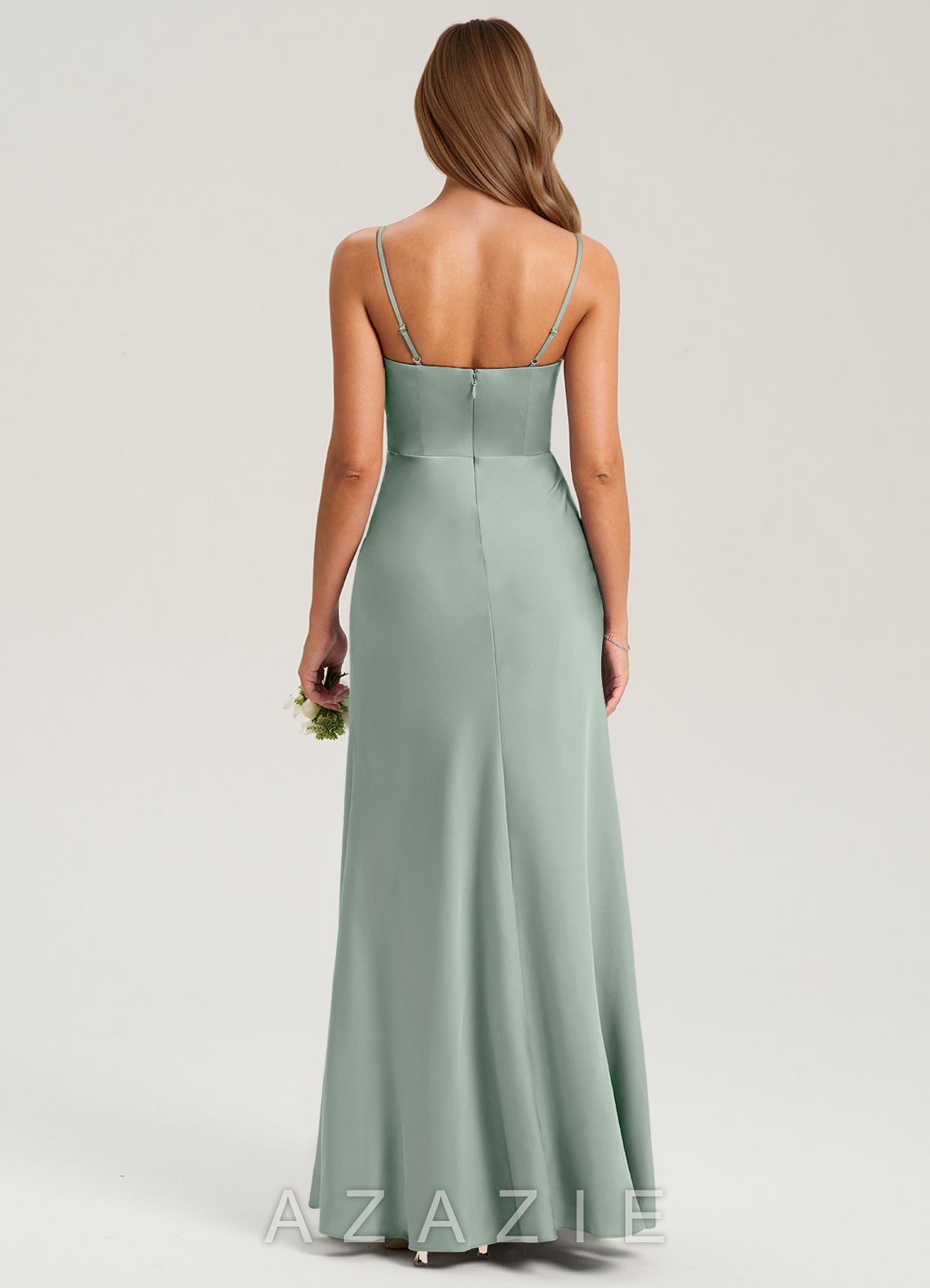 Azazie Lidia Agave Mermaid Side Slit Stretch Satin Dress agave