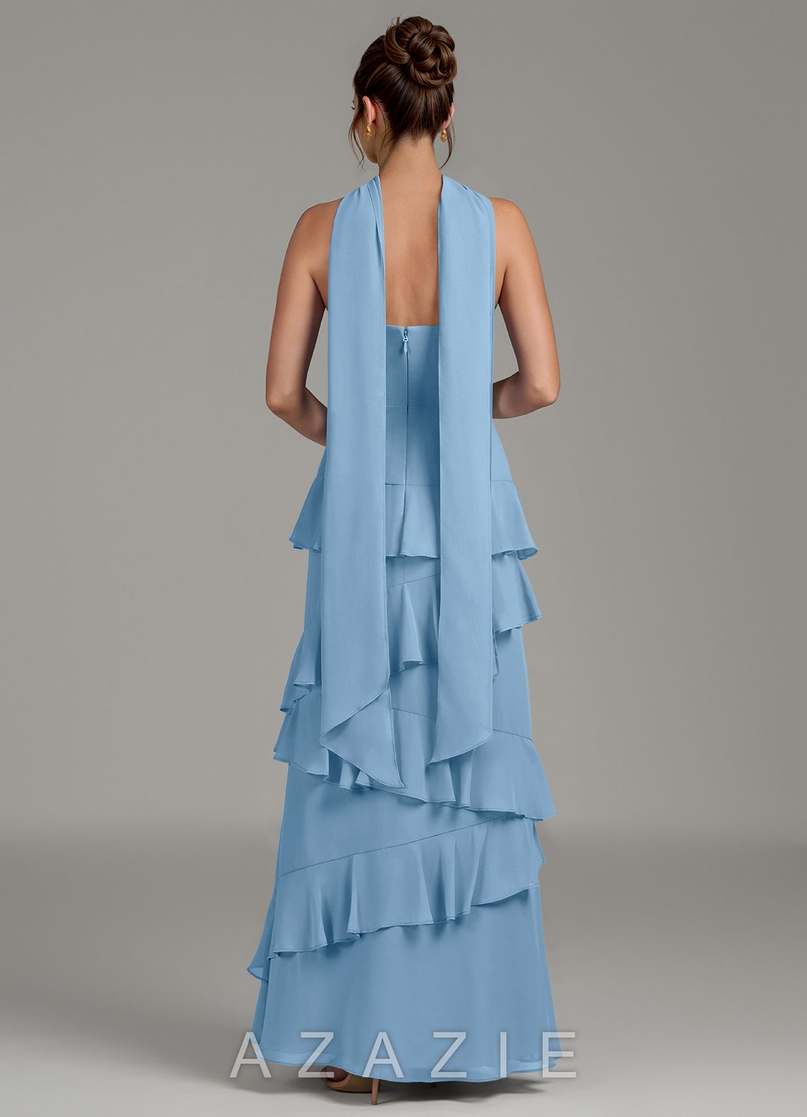 Azazie Imani Steel Blue A-Line Ruched Chiffon Dress steel_blue