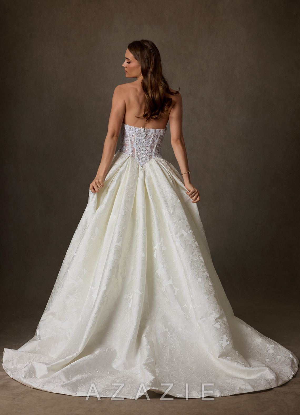 Azazie Genevieve Antique White Ball-Gown Strapless Floral Jacquard Dress