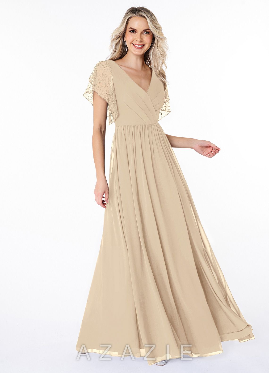 Azazie Zella Champagne A-Line Lace Chiffon Dress champagne