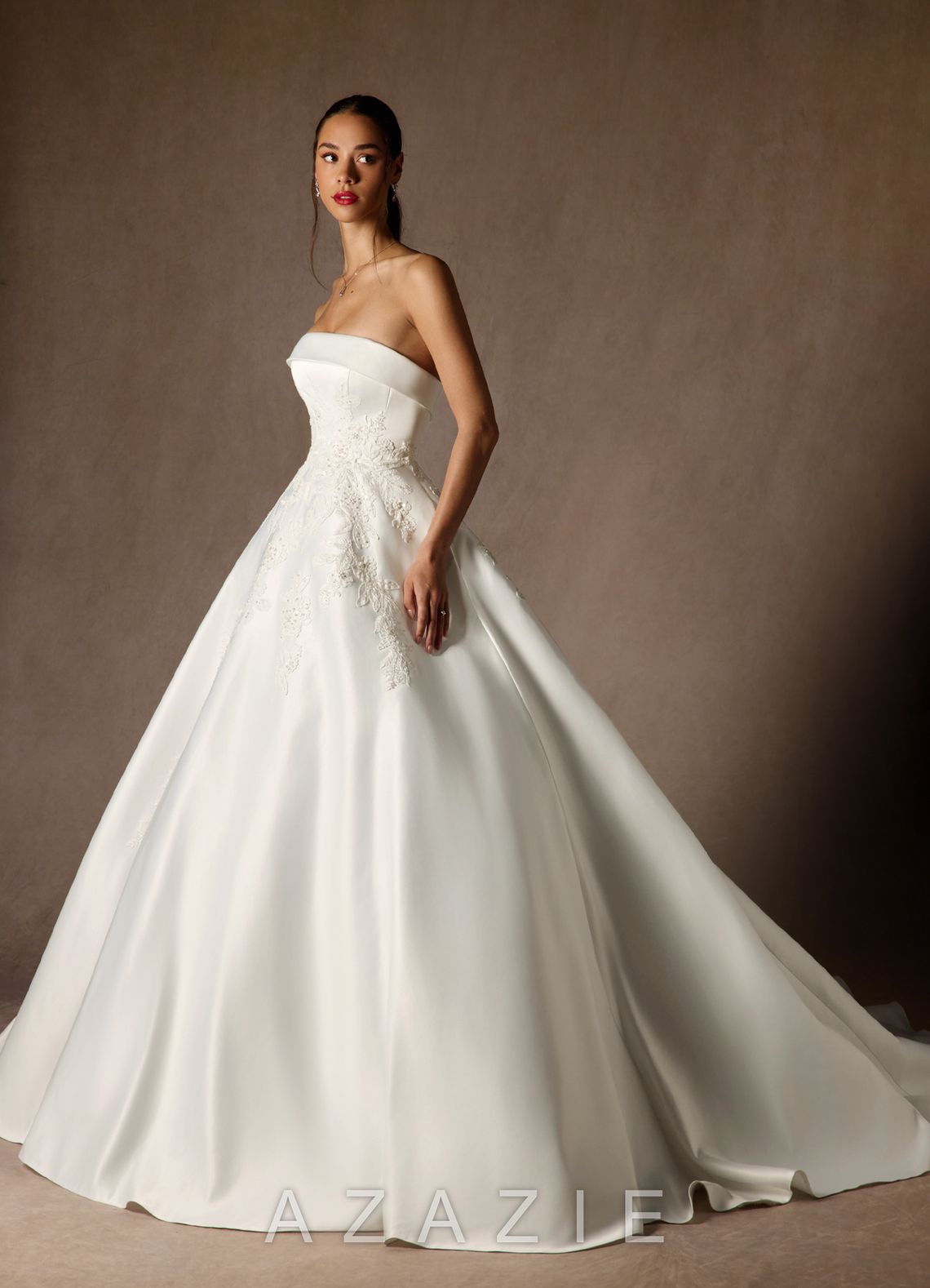 Azazie Fernanda Diamond White Ball-Gown Strapless Satin Dress diamond_white