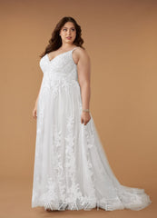 Azazie Delaina Wedding Dress Diamond White A-Line V-Neck Sequins Tulle Dress diamond_white